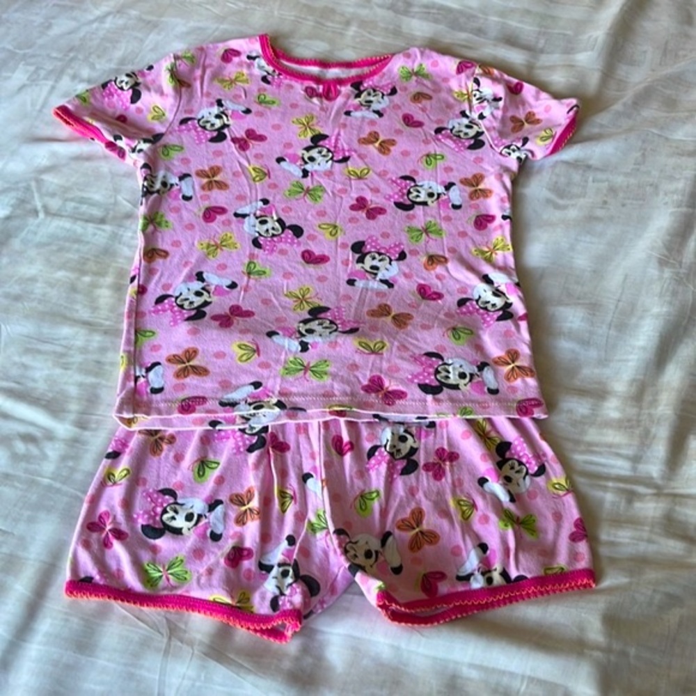 Disney Pink Minnie Mouse Short Pajama Set with Colorful Butterflies in size 10